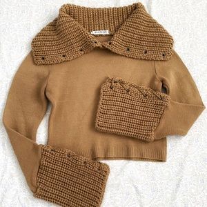 Unique statement-sleeve cropped knit sweater, tan